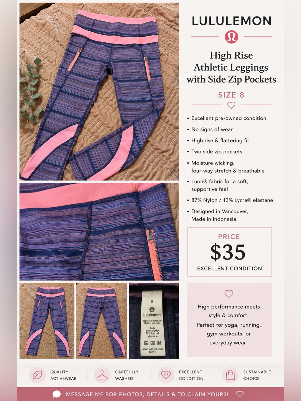 lululemon athletica women's High-Rise Leggings in Purple with Pink Accents